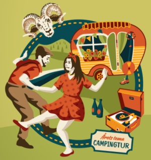 Tecknad bild av dansande par framför husvagn. Årets tema är Campingtur.